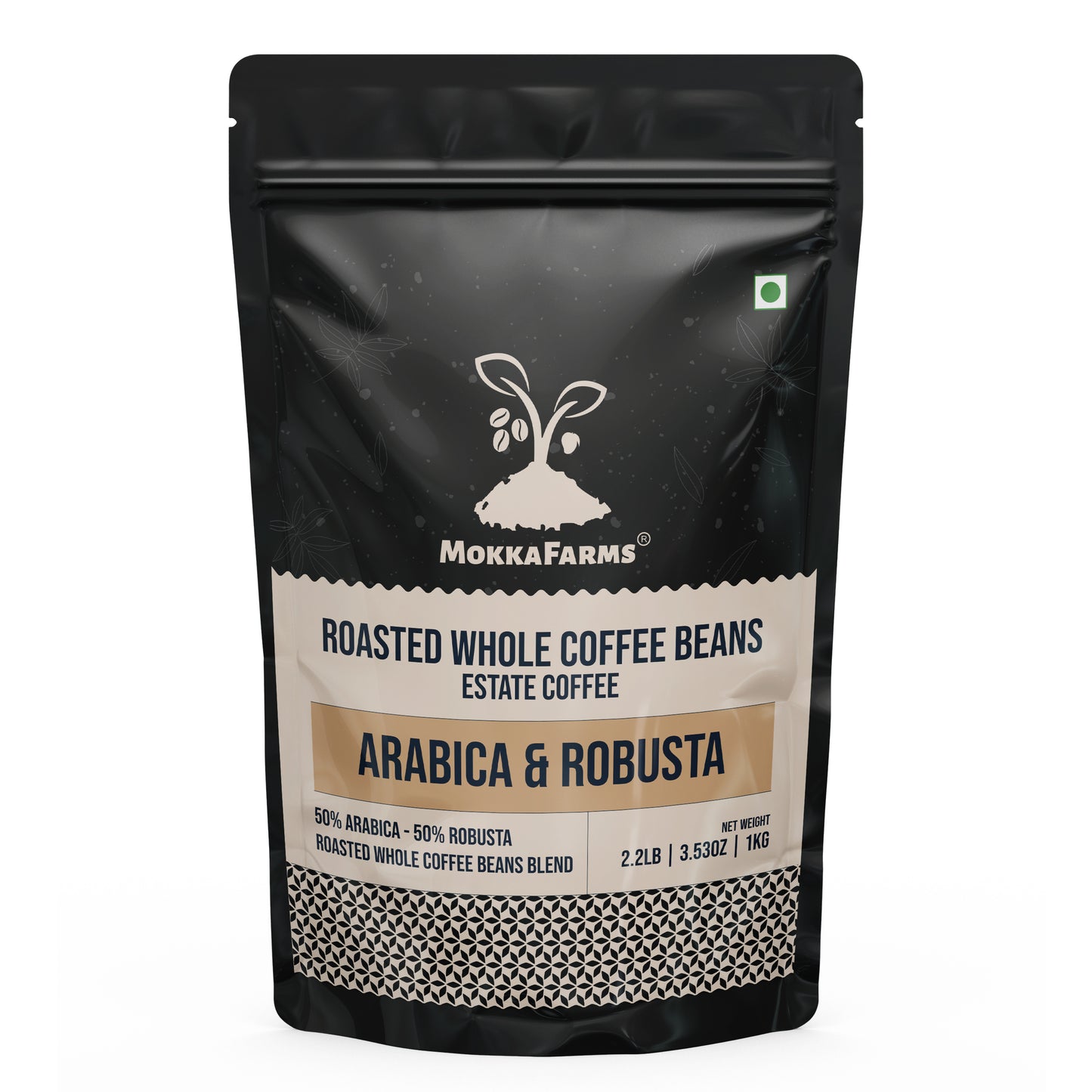 MokkaFarms Roasted Whole Coffee Beans Blend - 50% Arabica, 50% Robusta | Fresh Roast, Estate Coffee | Graded A/AA Bean | Rich Flavorful Aromatic | Farm to Fork | One Way Valve/Zip-Lock Bag |