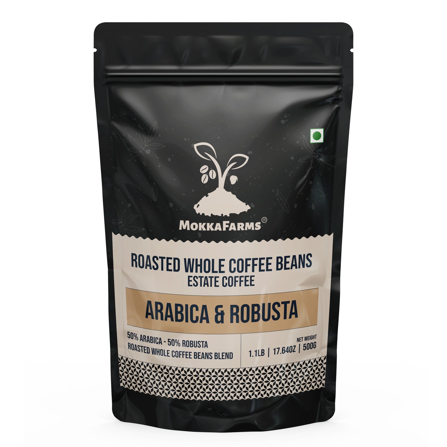 MokkaFarms Roasted Whole Coffee Beans Blend - 50% Arabica, 50% Robusta | Fresh Roast, Estate Coffee | Graded A/AA Bean | Rich Flavorful Aromatic | Farm to Fork | One Way Valve/Zip-Lock Bag |