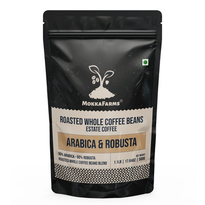 MokkaFarms Roasted Whole Coffee Beans Blend - 50% Arabica, 50% Robusta | Fresh Roast, Estate Coffee | Graded A/AA Bean | Rich Flavorful Aromatic | Farm to Fork | One Way Valve/Zip-Lock Bag |