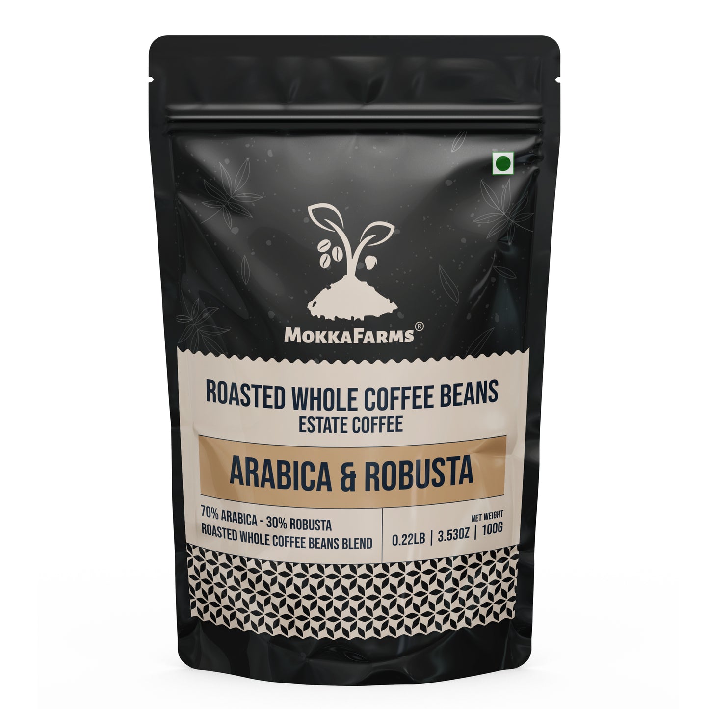 MokkaFarms Roasted Whole Coffee Beans Blend - 70% Arabica, 30% Robusta | Fresh Roast, Estate Coffee | Graded A/AA Bean | Rich Flavorful Aromatic | Farm to Fork | One Way Valve/Zip-Lock Bag |