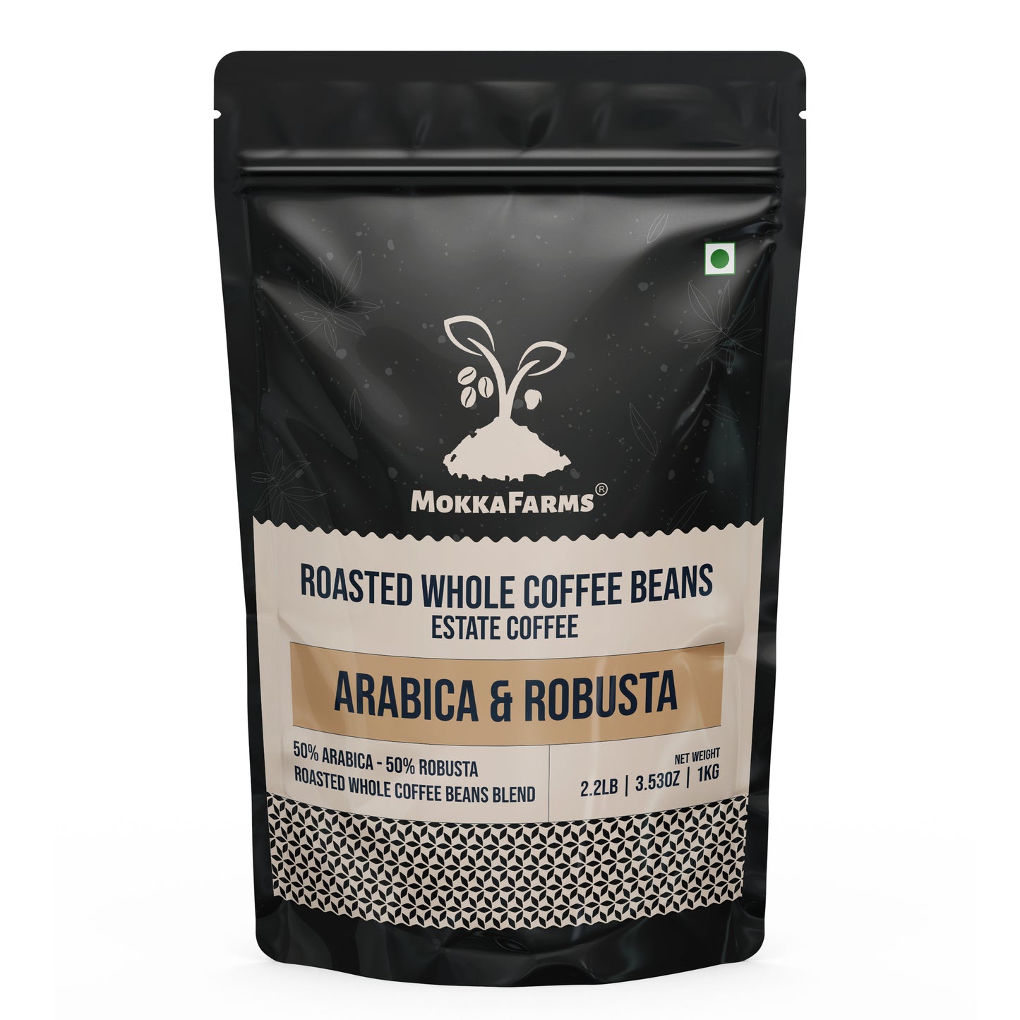 MokkaFarms Roasted Whole Coffee Beans Blend - 50% Arabica, 50% Robusta | Fresh Roast, Estate Coffee | Graded A/AA Bean | Rich Flavorful Aromatic | Farm to Fork | One Way Valve/Zip-Lock Bag |