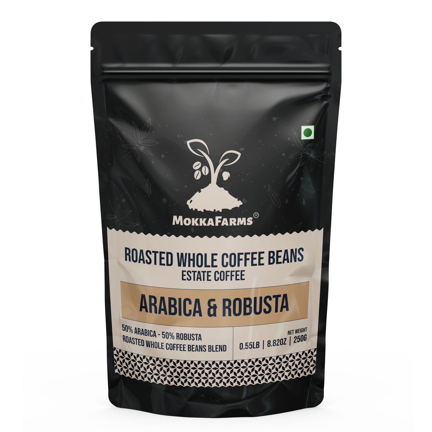 MokkaFarms Roasted Whole Coffee Beans Blend - 50% Arabica, 50% Robusta | Fresh Roast, Estate Coffee | Graded A/AA Bean | Rich Flavorful Aromatic | Farm to Fork | One Way Valve/Zip-Lock Bag |