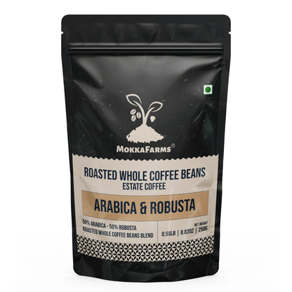 MokkaFarms Roasted Whole Coffee Beans Blend - 50% Arabica, 50% Robusta | Fresh Roast, Estate Coffee | Graded A/AA Bean | Rich Flavorful Aromatic | Farm to Fork | One Way Valve/Zip-Lock Bag |