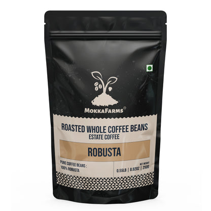 MokkaFarms Roasted Whole Coffee Beans - 100% Robusta | Fresh Roast, Estate Coffee | Graded A/AA Bean | Rich Flavorful Aromatic | Farm to Fork | One Way Valve/Zip-Lock Bag |