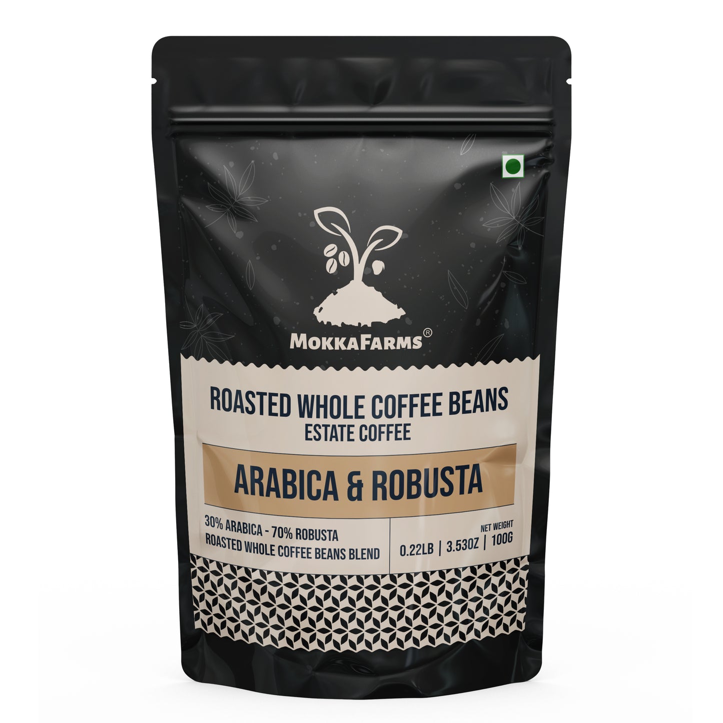 MokkaFarms Roasted Whole Coffee Beans Blend - 30% Arabica, 70% Robusta | Fresh Roast, Estate Coffee | Graded A/AA Bean | Rich Flavorful Aromatic | Farm to Fork | One Way Valve/Zip-Lock Bag |