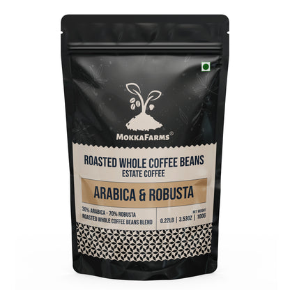 MokkaFarms Roasted Whole Coffee Beans Blend - 30% Arabica, 70% Robusta | Fresh Roast, Estate Coffee | Graded A/AA Bean | Rich Flavorful Aromatic | Farm to Fork | One Way Valve/Zip-Lock Bag |