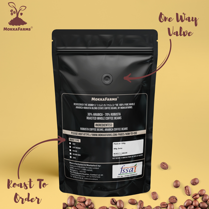 MokkaFarms Roasted Whole Coffee Beans Blend - 30% Arabica, 70% Robusta | Fresh Roast, Estate Coffee | Graded A/AA Bean | Rich Flavorful Aromatic | Farm to Fork | One Way Valve/Zip-Lock Bag |