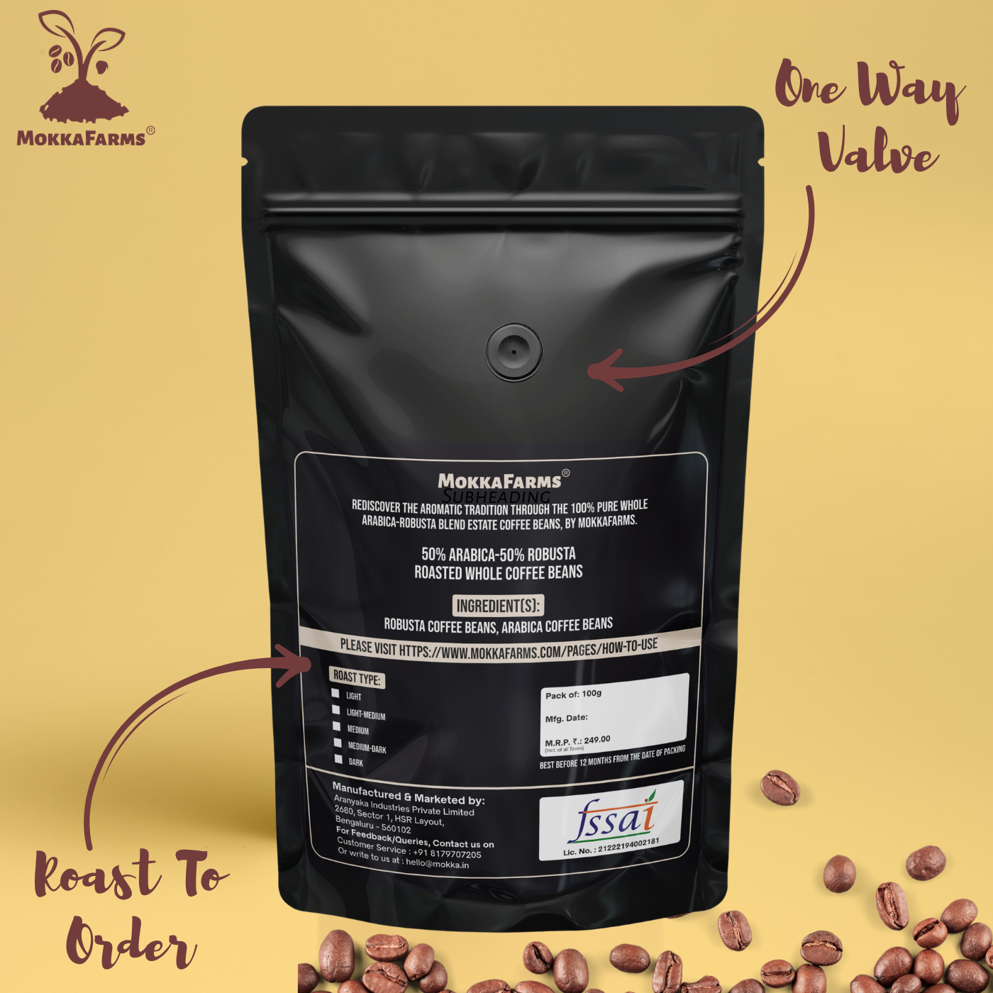 MokkaFarms Roasted Whole Coffee Beans Blend - 50% Arabica, 50% Robusta | Fresh Roast, Estate Coffee | Graded A/AA Bean | Rich Flavorful Aromatic | Farm to Fork | One Way Valve/Zip-Lock Bag |