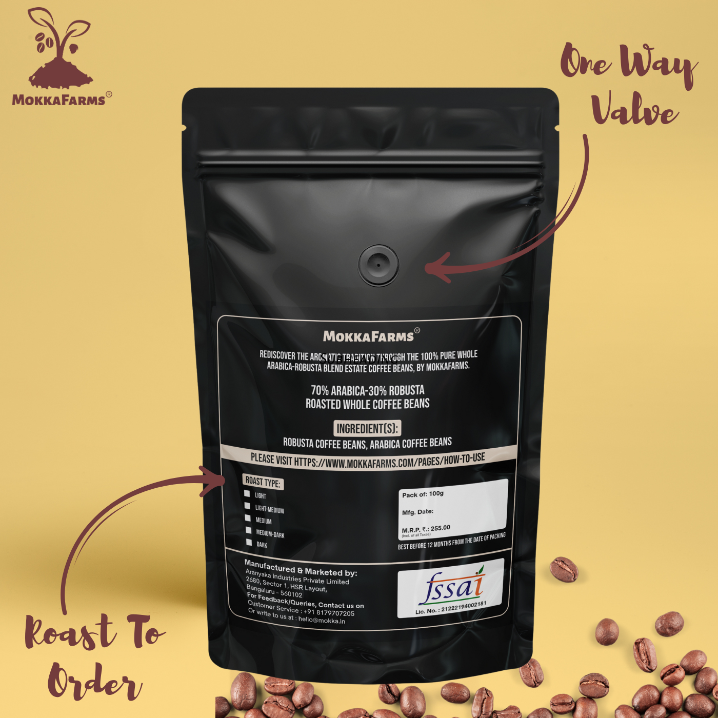 MokkaFarms Roasted Whole Coffee Beans Blend - 70% Arabica, 30% Robusta | Fresh Roast, Estate Coffee | Graded A/AA Bean | Rich Flavorful Aromatic | Farm to Fork | One Way Valve/Zip-Lock Bag |