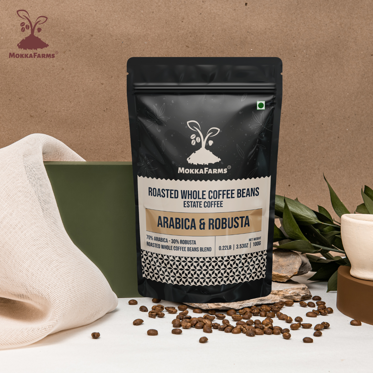 MokkaFarms Roasted Whole Coffee Beans Blend - 70% Arabica, 30% Robusta | Fresh Roast, Estate Coffee | Graded A/AA Bean | Rich Flavorful Aromatic | Farm to Fork | One Way Valve/Zip-Lock Bag |