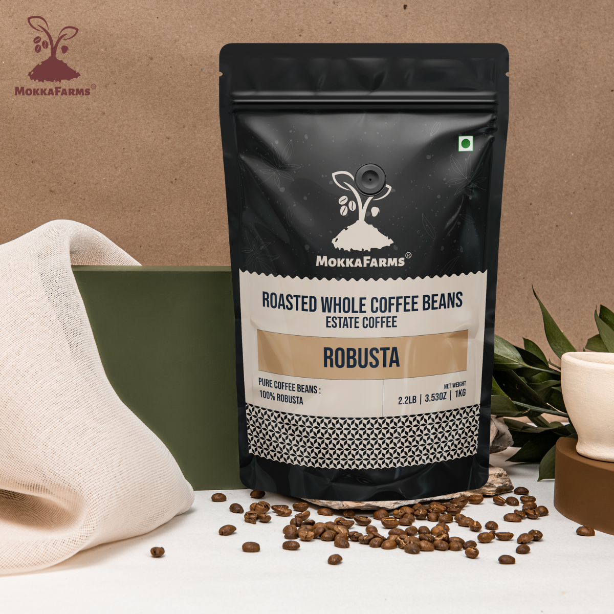 MokkaFarms Roasted Whole Coffee Beans - 100% Robusta | Fresh Roast, Estate Coffee | Graded A/AA Bean | Rich Flavorful Aromatic | Farm to Fork | One Way Valve/Zip-Lock Bag |