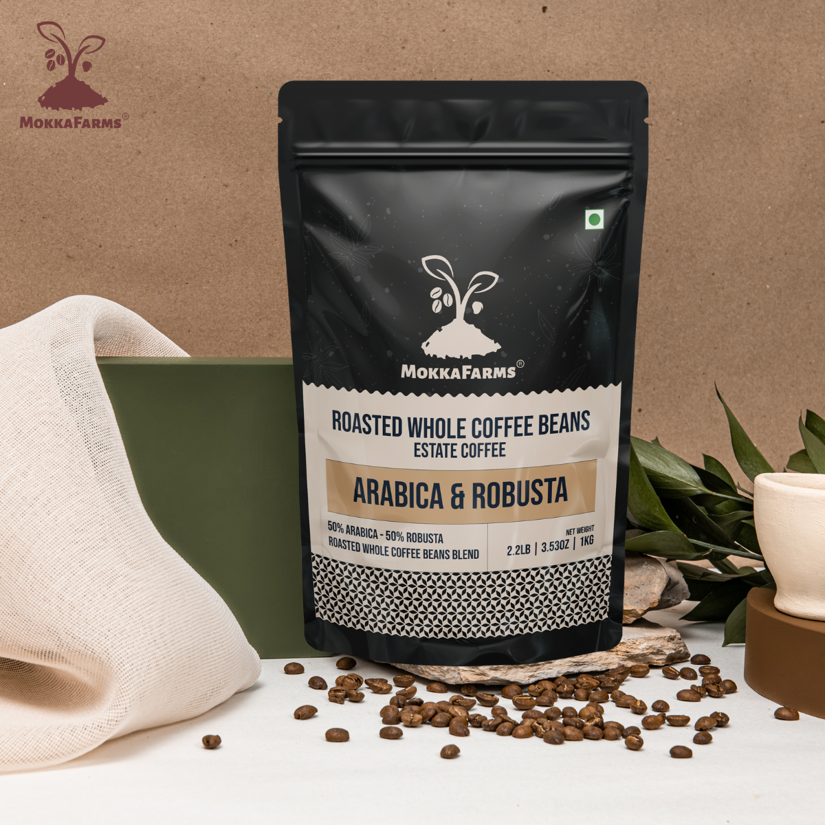 MokkaFarms Roasted Whole Coffee Beans Blend - 50% Arabica, 50% Robusta | Fresh Roast, Estate Coffee | Graded A/AA Bean | Rich Flavorful Aromatic | Farm to Fork | One Way Valve/Zip-Lock Bag |