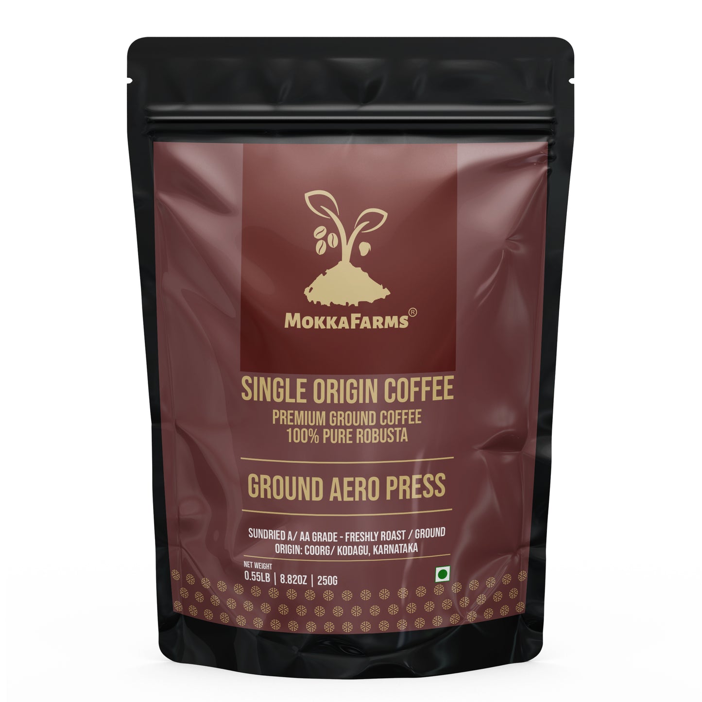 MokkaFarms Premium 100% Pure Robusta Ground Coffee - Aero Press | Fresh & Single Origin | Plantation A/AA Beans |